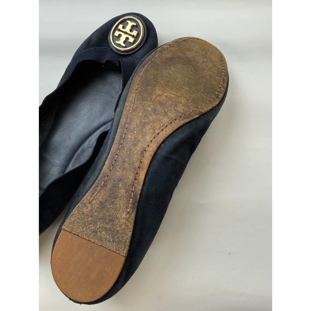Tory Burch Caroline Navy Suede Leather Flats Sz 9 Gold Logo